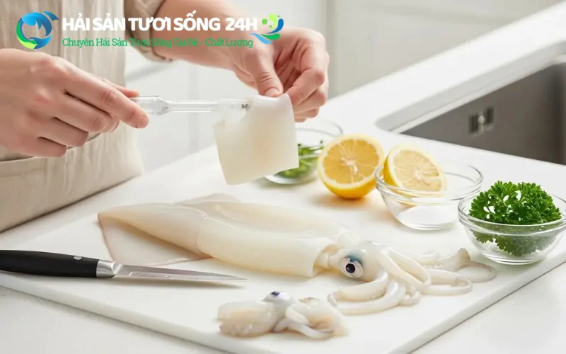 Hướng dẫn cách sơ chế Mực Mai sạch không bị tanh 4 Lột da mực để thịt trắng giòn